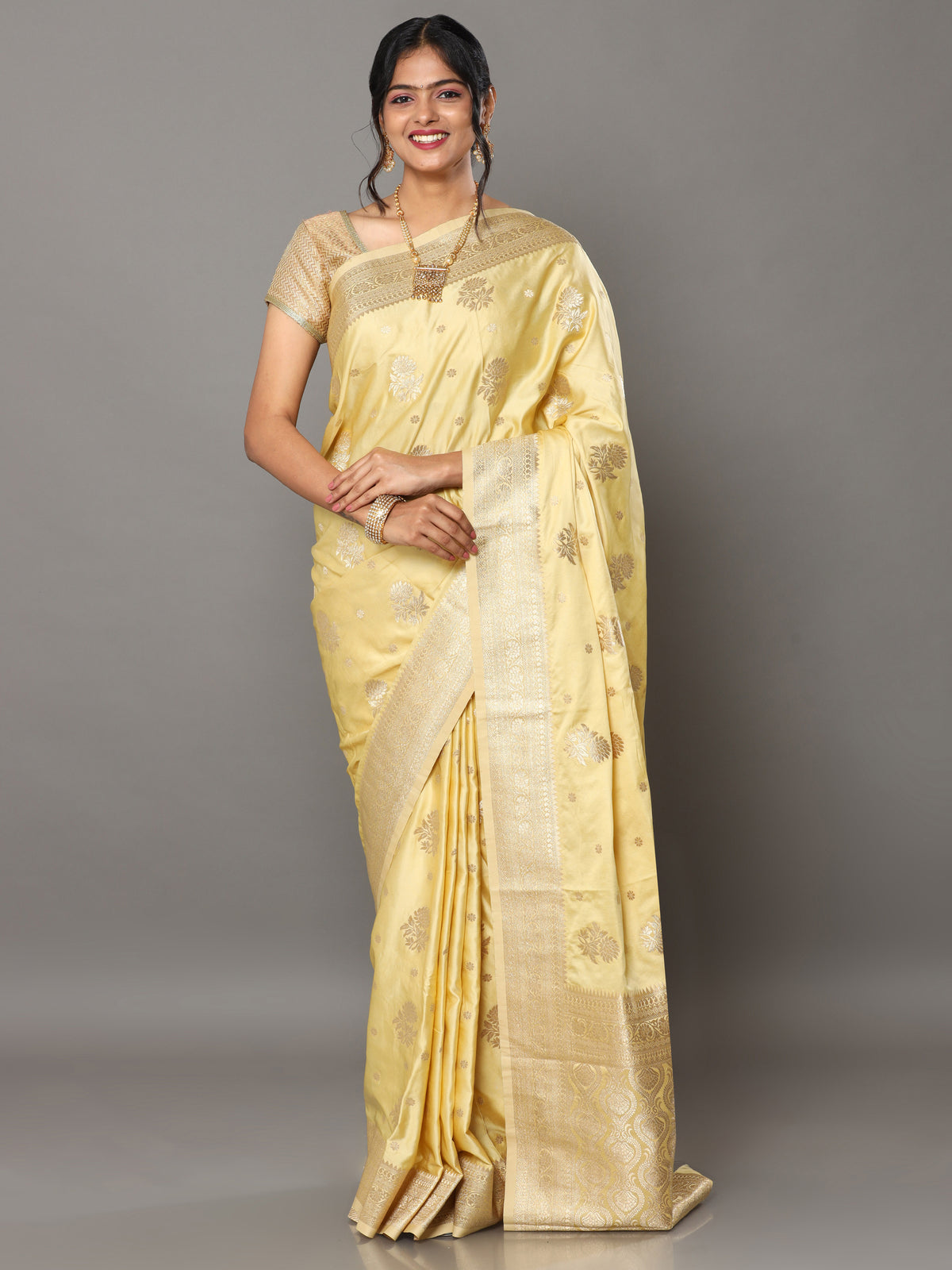 Banarasi Meenakari Gaji Silk Zari - Yellow Golden