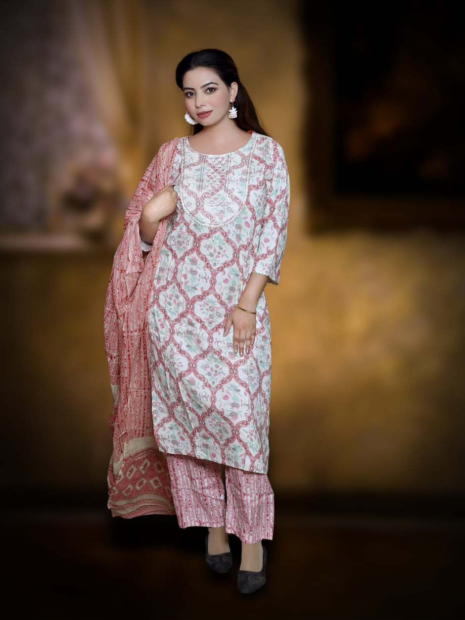 Floral Elegance Ivory Printed Suit with Dupatta