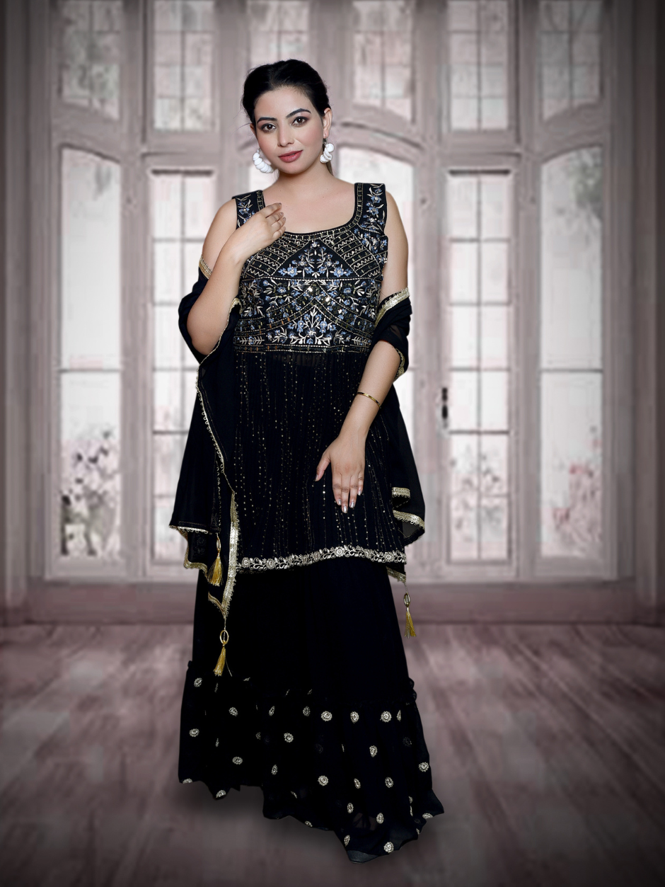 Noir Elegance Golden-Embroidered Kurta Set